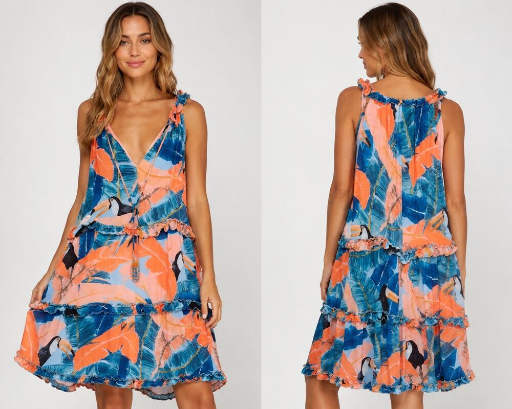 FARM Rio Tropical Forest Tiered Mini Dress in Orange Multi - Size: Medium